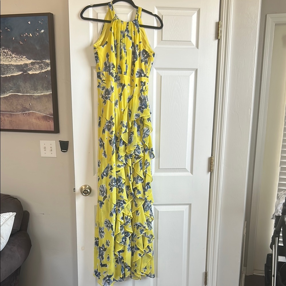 Yellow Blue Floral Halter Maxi Dress